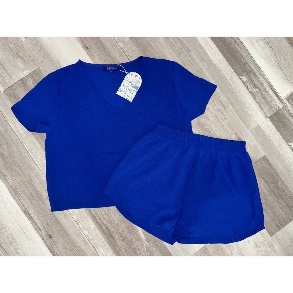 Meet Me In Santorini Short Set Women Blue V-Neck Top Elastic Waist Shorts XS